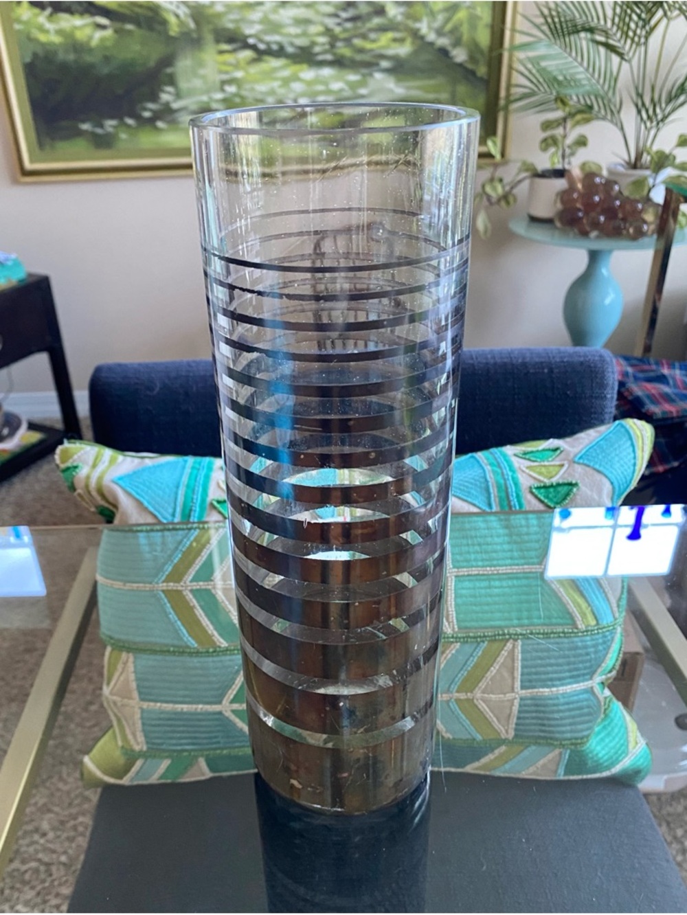VTG Mid Century Clear Glass Tall Cylinder Vase w Silver Graduated Stripes 11”